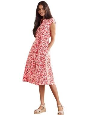 Boden Midi Shirt Dress Size 6 Coral White Full Front Hidden Buttons Pockets